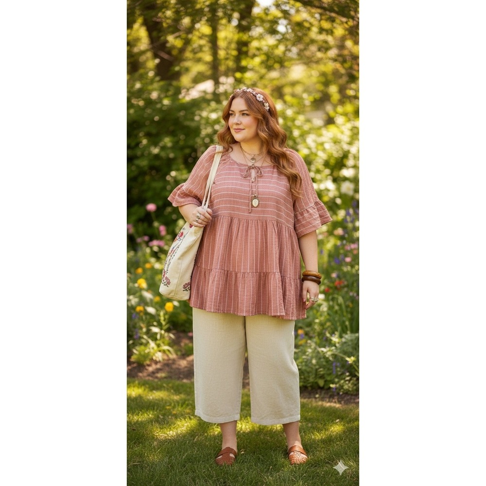 Robbie Bee Tunic Dress Womens 2X Pink Striped Ruffle Sleeve Tiered Boho Boho‎